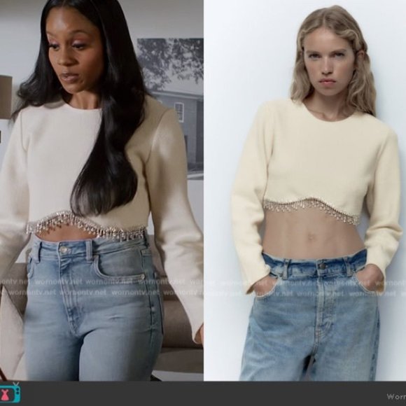 Zara Soft Ribbed Fuzzy Cropped Sweatshirt Top with Hanging Rhinestone Detail - Picture 3 of 15